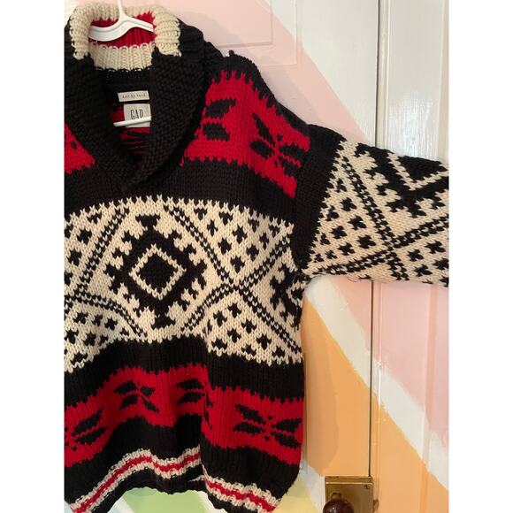 Vintage GAP Hand-Knit Wool Sweater Red Black Cream Geometric Nordic Pullover - Picture 4 of 13